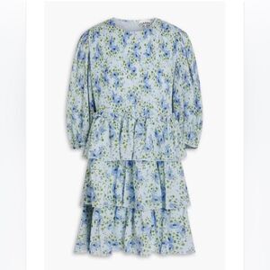 GANNI Pleated Blue Tiered Floral-print Georgette Mini Dress size XS